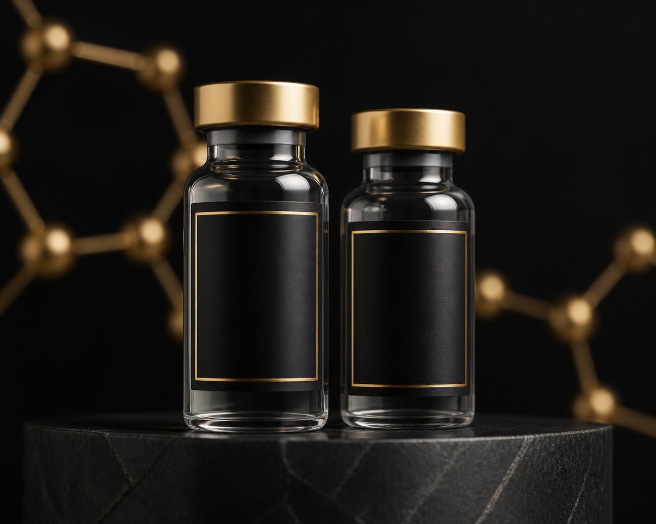 Idol Body research peptide vials on a stone pedestal